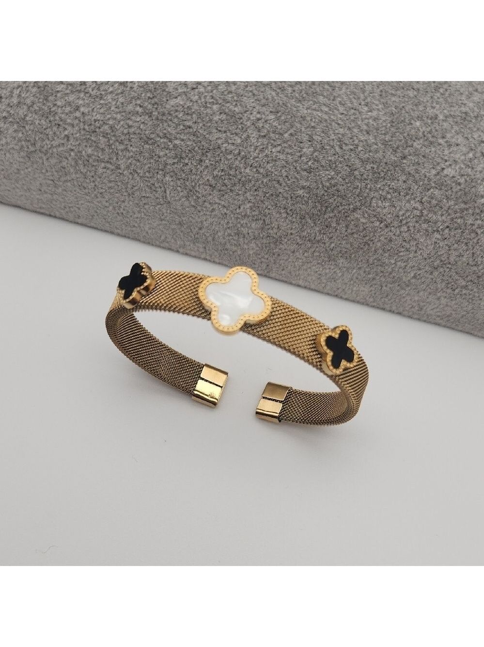 Gold Tone Clover Mesh Bracelet | Pearl White & Black Inlay | Modern Minimalist